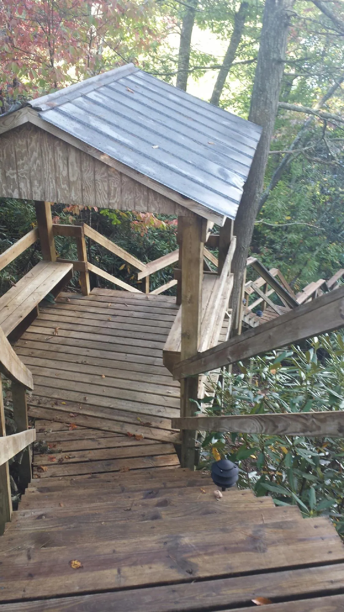 Metal roofed shelter over wooden steps on a wooded walkway — Skylight Repair & Installation work by our crew in Grabill